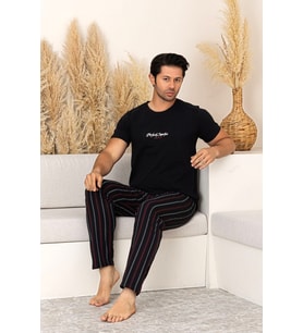 Nisanca Yazlık Kısa Kol %100 Pamuk Erkek Pijama Takımı (Siyah)
