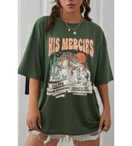 Unisex His Mercies Baskılı Oversize Tshirt (Yeşil)