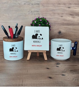 Sevimli Panda Hediye Sepeti Kupa Bardak T Kulplu, Kalemlik ve Dekoratif Taş Arkadaşa Hediye (Model 2)