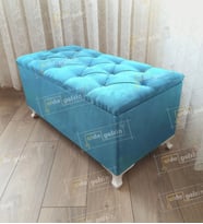 Lüks Sandıklı Kapitone Puf Bench Ayakucu Koltuk (Mavi)