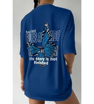 Unisex Kelebek Sırt Baskılı T-shirt (Mavi)