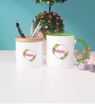 Çiçek Tasarımlı İsme Özel Kupa Bardak Lacivert ve Kalemlik (Model 7)