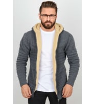 Erkek İçi Kürklü Kapüşonlu Fermuarlı Triko Hırka T743 (Koyu Gri)