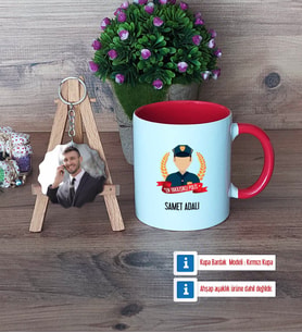Erkek Polis Kupa Bardak Beyaz ve Fotoğraflı Ahşap Anahtarlık Hediye (Model 2)