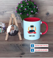Erkek Polis Kupa Bardak Beyaz ve Fotoğraflı Ahşap Anahtarlık Hediye (Model 2)