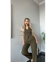 PANTALON YELEKLİ TAKIM İTHAL DABIL KUMAŞ Kadın Düğmeli Yelek Palazzo Geniş Paça Pantolon Ikili Takım (Haki)