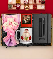 Yılbaşına Özel Tasarım Kupa & Peluş Ayıcık Buketi & Defter & Deri Kılıflı Touch Pen Kalem & Kişiye Özel Fotoğraf Çerçevesi (Krem)