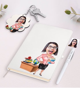 BK Gift Kişiye Özel Bayan Öğretmen Karikatürlü Siyah Defter Kalem Ve Anahtarlık Hediye Seti-5 (Model 2)