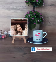 Öğretmene Hediye Fotoğraflı Dekoratif Taş, Ahşap Altlıklı Türk Kahvesi Fincanı Hediye Öğretmenler Günü Hediyesi (Model 4)
