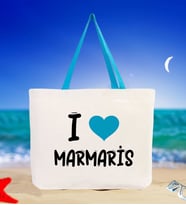 BK Gift I Love Marmaris Renkli Kulp Kanvas Plaj Çantası 48x40m, Baskılı Omuz Çantası, Alışveriş Çantası (Turkuaz)