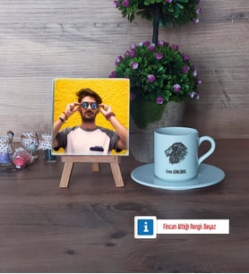 Aslan Fotoğraflı Dekoratif Taş, Ahşap Altlıklı Türk Kahvesi Fincanı Hediye (Model 2)