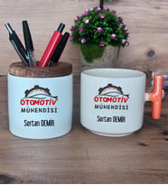 Otomotiv Mühendisi Hediye Sepeti Kupa Bardak T Kulplu, Kalemlik Hediyeleri Mühendisler Günü Hediyesi (Model 7)