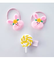 MAGRİB sevimli tavşan figürlü 2li lastik toka ve lolipop şeker figürlü pens toka seti (Pembe)
