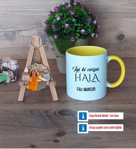 Halaya Hediye Kupa Bardak Beyaz ve Fotoğraflı Ahşap Anahtarlık Hediye (Model 7)