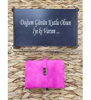 HKY Çok Kullanışlı İsme Özel Ahşap Kutulu Kadın Cüzdan (Fuşya)