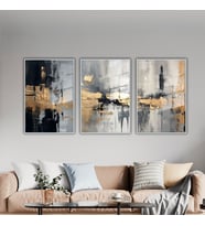 3'lü Metal Çerçeveli Cam Tablo Seti Soyut Siyah Gold Desen (Gümüş)