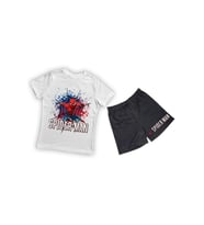 unisex Spiderman baskılı pamuklu kumaş kısa kollu şortlu ikili çocuk takımı (Beyaz)