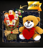 Kişiye Özel Fotoğraflı Led Işıklı Kalpli Ayıcıklar Buketi & Kalpli Peluş Ayıcık (Yeşil)