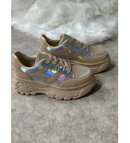 Günlük Kadın Sneaker Yüksek Taban Bağcıklı Tiger Şeritli Spor Ayakkabı 032 (Bej-Grı)