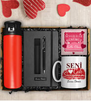 Kırmızı Cam Matara Suluk & Tasarım Kupa & Kişiye Özel Defter & Deri Kılıflı Touch Pen Kalem & Kart Hediye Seti (Beyaz)