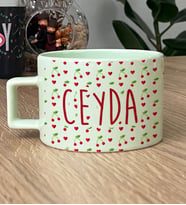 Kişiye Özel İsim Yazılı Hediye Pastel Fincan Kiraz Desenli Meyveli (Yeşil)