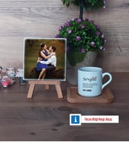 Sevgiliye Hediye Fotoğraflı Dekoratif Taş, Ahşap Altlıklı Türk Kahvesi Fincanı Hediye (Model 1)