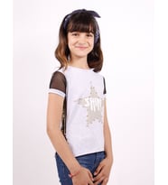 Toontoy Kız Çocuk Shine Yıldız Baskılı Kol Kısmı Fileli Tişört ( Gri-Melanj)