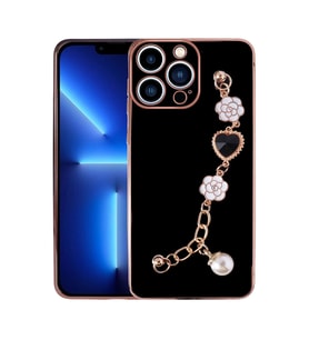 Apple iPhone 14 Pro Kılıf El Askılı Tutamaçlı Kamera Korumalı Renkli Gold Kenar Silikon Kapak (Siyah)