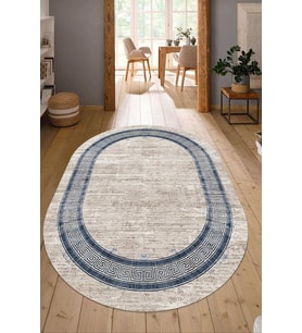 Dijital Baskılı Kaymaz Taban Yıkanabilir Oval Salon Halısı Mutfak Halısı Yolluk NDO-HT-668 (Mavi)
