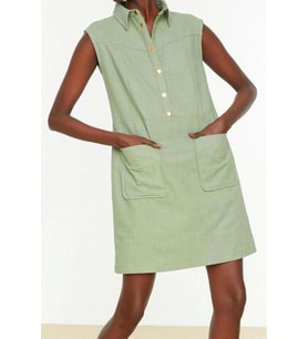 Moda Stil Relaxed Gömlek Yaka Mini Boy Düz Kesim Cepli Keten Görünümlü Dokuma Elbise (Mint)