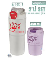 Vagonlife 2'li Çelik Termos-Kahve Bardağı Seti 750ML Çift Kullanım Termos//450ML Mug Kahve Bardağı (Beyaz-Mor)