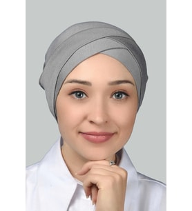 Dört Bantlı Çapraz Dış Tesettür Bonesi Hazır Türban Penye (Gri)