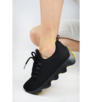 Günlük Kadın Sneaker Spor Ayakkabı Bağcıklı Triko Tırtıklı Kalın Taban Esnek 300 (Siyah-Sarı)