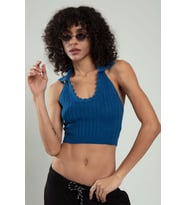 Sifu Tekstil Polo Yaka  Kadın Saç Örgülü Yuvarlak Açmalı Spor Triko Bluz Atlet Crop Top SFYZ1010 (İndigo Mavi)