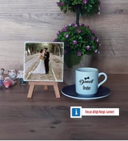 Damat Fotoğraflı Dekoratif Taş, Ahşap Altlıklı Türk Kahvesi Fincanı Hediye (Model 4)