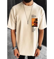 Erkek Beach Baskılı Oversize Tshirt (Bej)