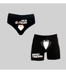 Kutulu Gelin Külot Ve Damat Boxer Tasarımlı Eğlenceli İkili Set (Siyah)