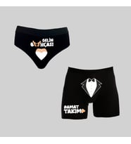 Kutulu Gelin Külot Ve Damat Boxer Tasarımlı Eğlenceli İkili Set (Siyah)
