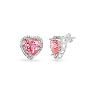 925 Ayar Gümüş Beyaz Taşlı Kalp Küpe (Açık Pembe)