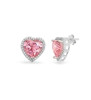 925 Ayar Gümüş Beyaz Taşlı Kalp Küpe (Açık Pembe)