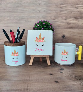 Unicorn Hediye Sepeti Kupa Bardak T Kulplu, Kalemlik ve Dekoratif Taş Arkadaşa Kız Kardeşe Hediye (Model 5)