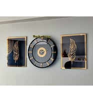 Aynalı Model 2 Li Tüy Tablo Ve Saat Seti (Gold)