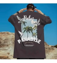 AMOR MAN ÖZEL TASARIM PARADİSE SIRT BASKILI PAMUK SÜPER SALAŞ MODERN ERKEK T-SHIRT (Füme)