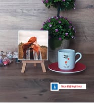 Ütopyalar Güzeldir Fotoğraflı Dekoratif Taş, Ahşap Altlıklı Türk Kahvesi Fincanı Hediye (Model 3)