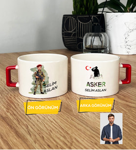Kişiye Özel Karikatürlü Asker Lüks Fincan Askere Hediye Asker Sevgiliye Hediye (Kırmızı)