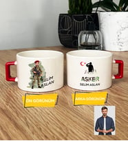 Kişiye Özel Karikatürlü Asker Lüks Fincan Askere Hediye Asker Sevgiliye Hediye (Kırmızı)