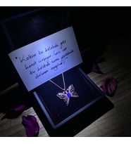 IŞIKLI KOLYE KUTULU OPAL TAŞLI KELEBEK KOLYE   -925 Ayar Gümüş Kolye (Mavi-Rose Gold )
