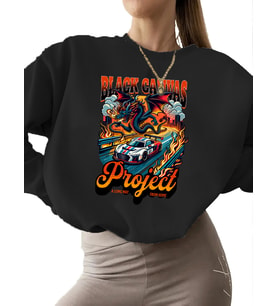 bisiklet yaka Sweatshirt erkek unisex Sweatshirt Bej Dragon yarış arabası i·llüstrasyonu Baskılı 3 (Siyah)
