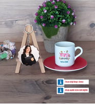 Arapça Öğretmeni Türk Kahvesi Fincanı Ahşap Altlıklı ve Fotoğraflı Ahşap Anahtarlık Hediye (Model 3)