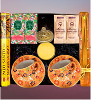 El Yapımı Çini Fincan & Tütsü Seti & Kahve & Şekerlik Mum & Mendil & Hediye Seti (Turuncu)